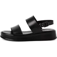 Black Tamaris wedge sandals with two wide straps and adjustable ankle buckle.