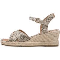 Beige snakeskin-patterned wedge sandals with ankle strap and braided rope sole.