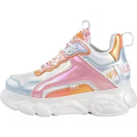 Colorful Buffalo Chai women's wedge shoes with metallic pink, orange, and blue accents, chunky white sole.