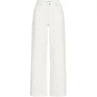 White women's wide leg jeans by b.Young, high-waisted with button and zip closure.