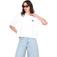 White women's wood wool T-shirt with short sleeves and small black logo on chest, styled with light blue jeans.