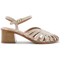 Beige woven leather heeled sandals with ankle strap and block heel by Pédiconfort.