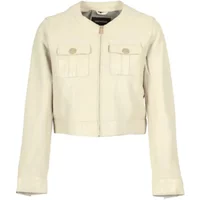 Cream Oakwood Susan women's leather jacket with zip closure, two chest pockets, and a round collar.