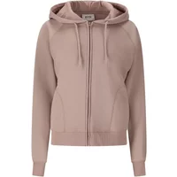 Pink women's zip-up hoodie by Nou Nelle with drawstring hood and ribbed cuffs.