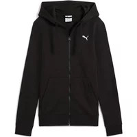 Black women's zip-up hoodie Puma Essential Fleece with front pockets and white Puma logo on chest.