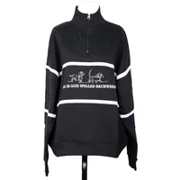 Black women's zip-up sweatshirt by 24 Colours with white stripes and dog graphic on front.