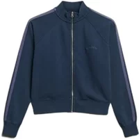 Women's navy zip-up training jacket with Superdry logo, ribbed cuffs, and contrasting stripe on sleeves.