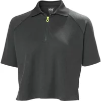 Black Helly Hansen women's cropped polo with zip closure and short sleeves.