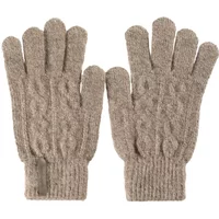 Beige woven gloves with cable knit pattern and ribbed cuffs, designed for women by Greenpoint.