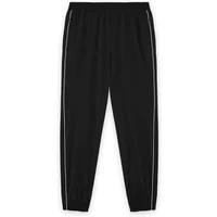 Black woven joggers by Lyle & Scott with elastic waistband, side pockets, and white side stripes.