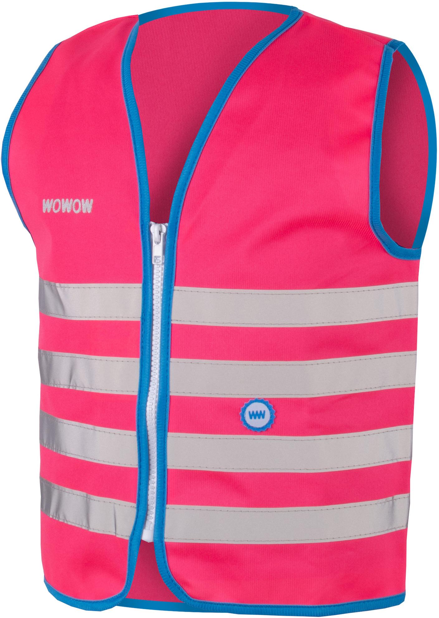 Fluo pink kids jacket with blue trim, white zipper, reflective stripes, and WOWOW logo.