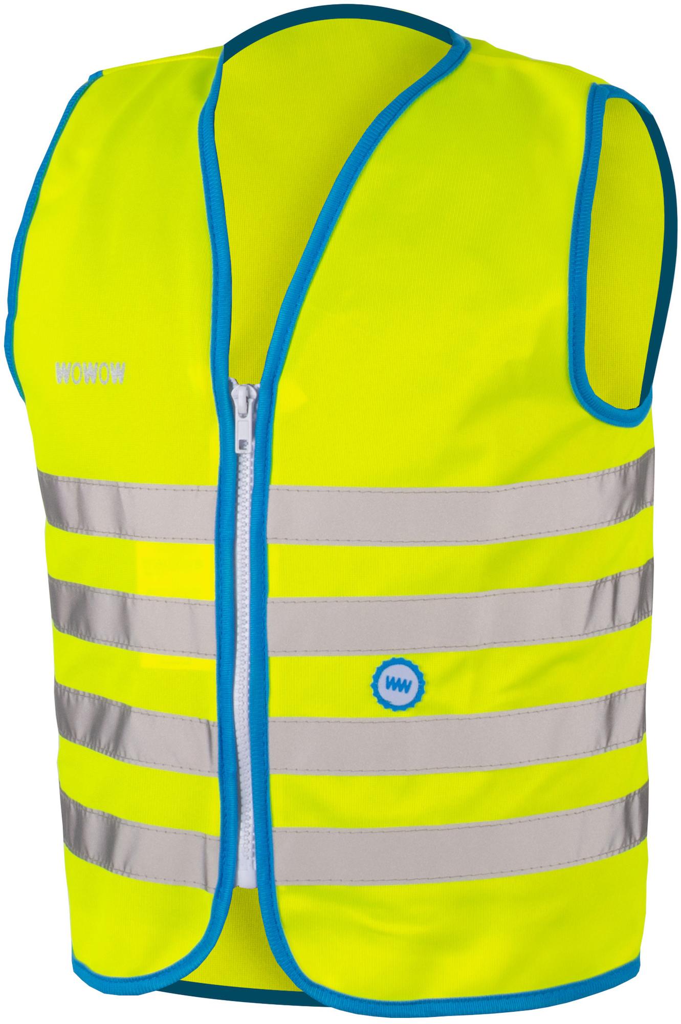 Fluo yellow kids' safety jacket with blue trim, reflective silver stripes, and front zipper by WOWOW.