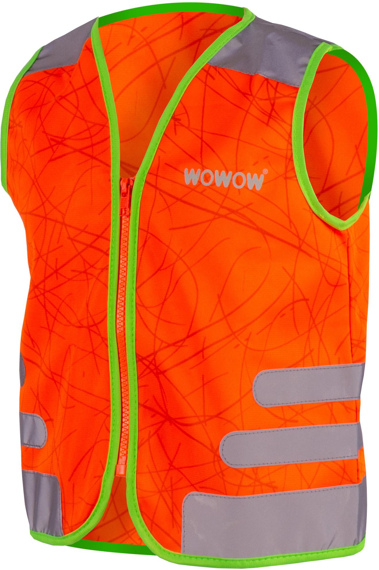Fluo orange kids' safety vest with green trim, reflective gray stripes, and "WOWOW" logo on chest.