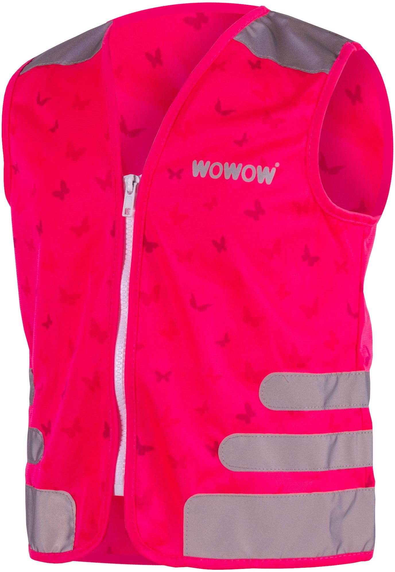 Fluo pink kids safety vest with reflective strips, butterfly pattern, and white zipper, by WOWOW.
