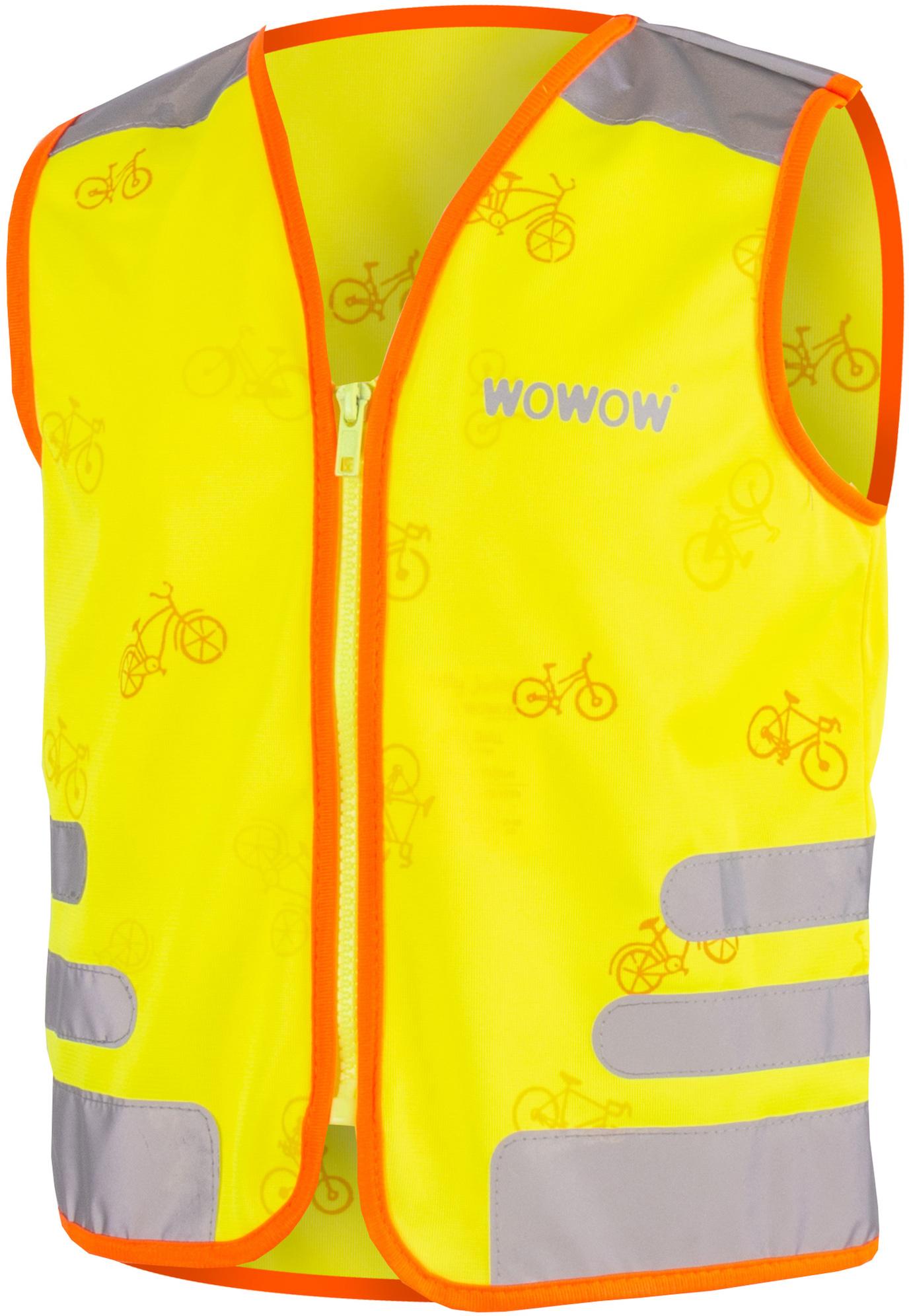 Fluo yellow kids safety vest with orange trim, reflective strips, and bicycle pattern by WOWOW.