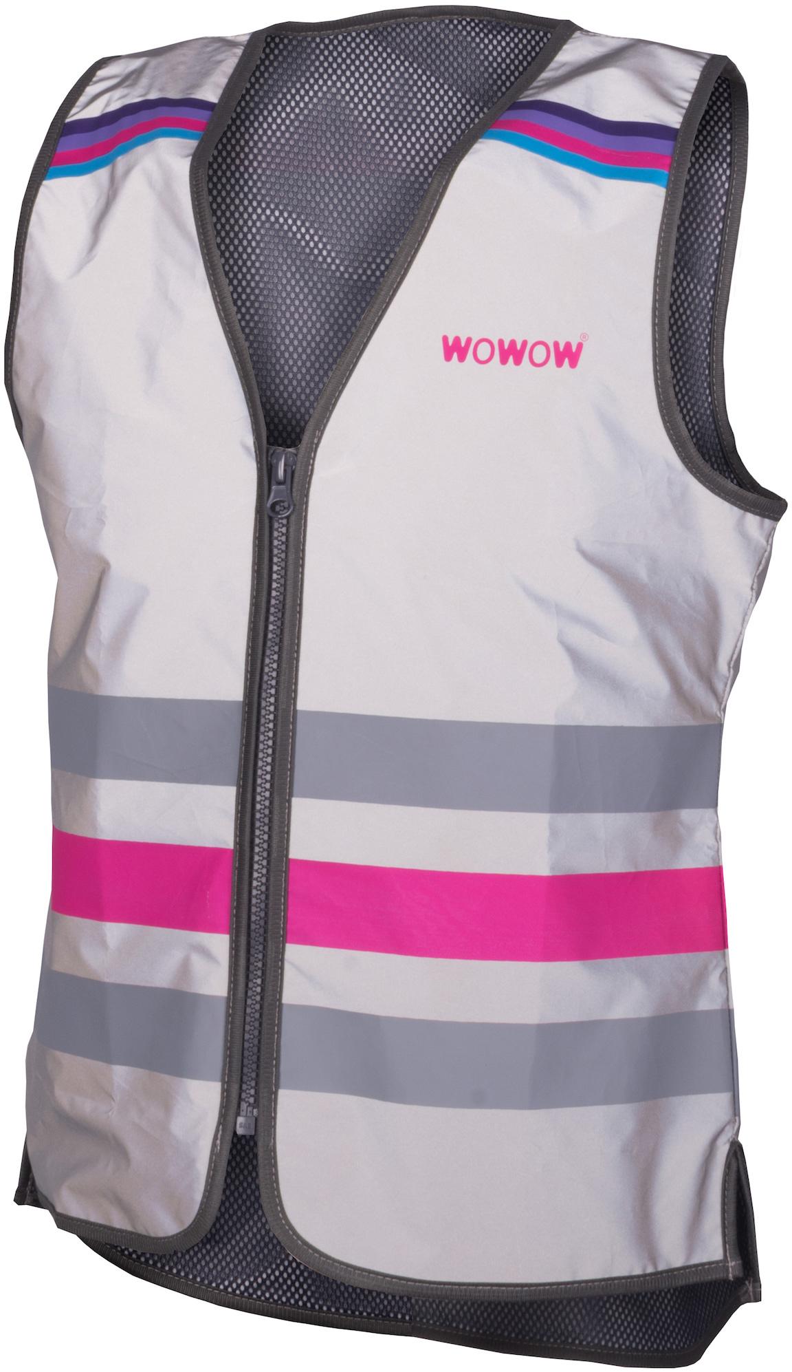 Reflective pink vest with gray stripes, blue accents, and front zipper, labeled "WOWOW" in pink, size 2XL.