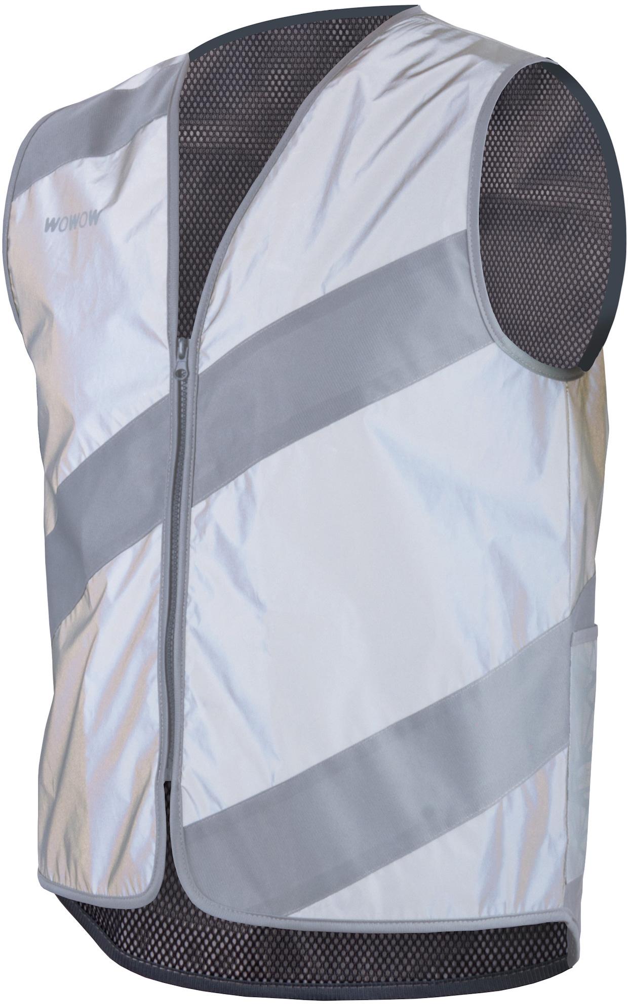 Reflective silver vest with diagonal gray stripes, black mesh lining, and front zipper, by WOWOW, size 2XL.