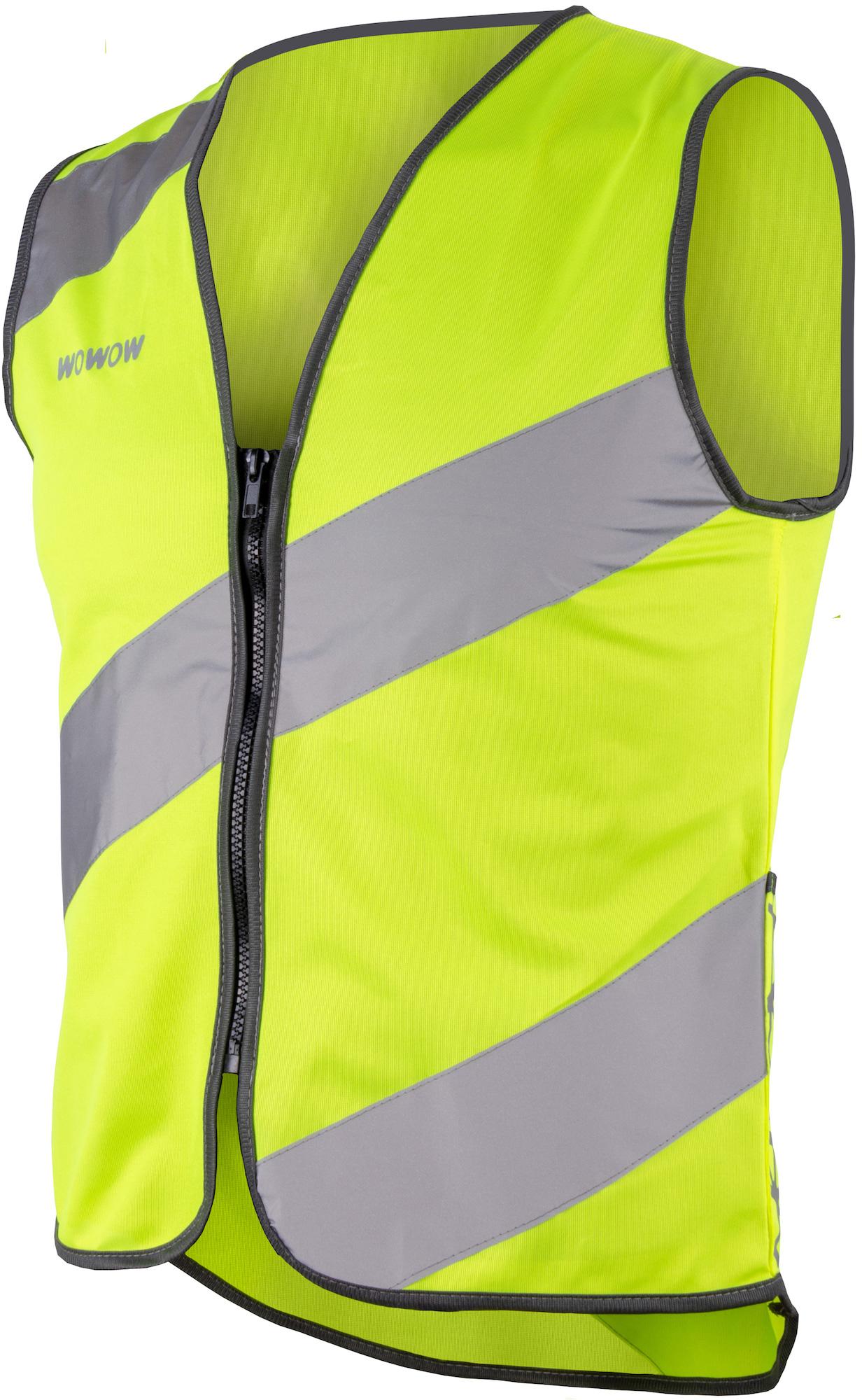 Fluo yellow safety vest with reflective gray stripes, black trim, and front zipper by WOWOW, size L.