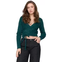 Teal wrap cardigan for women with long sleeves and tie waist detail.