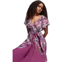 Goddiva Flutter A-Line wrap dress in purple with floral print, short flutter sleeves, and a cinched waist.
