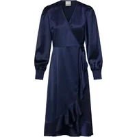 Navy blue wrap dress with long sleeves, V-neckline, and ruffled hem by Ichi Ruth.