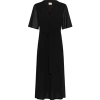 Black wrap dress for women by Kaffe with short sleeves, V-neck, and waist tie.
