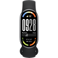 Black Xiaomi Smart Band 10 with oval touchscreen, colorful display, and silicone strap.