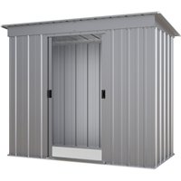 Gray Yardmaster 6x4ft pent metal storage shed with sliding door and vertical ridged panels.