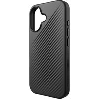 Black ZAGG Luxe Snap case for iPhone 16 with diagonal textured pattern and precise button cutouts.