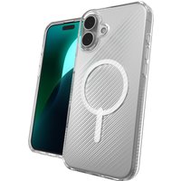 Clear ZAGG Luxe Snap case for iPhone 16 Plus with textured back and MagSafe ring, showcasing dual camera cutout.