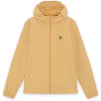 Tan Lyle & Scott zip-up hooded jacket with embroidered logo on chest and front pockets.