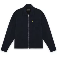 Navy blue zipped overshirt by Lyle & Scott with collar, chest pocket, and yellow logo on left chest.