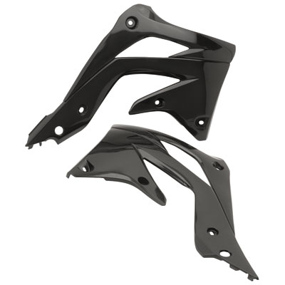 Black plastic radiator scoops designed for Kawasaki KXF450 models from 2012 to 2015, featuring a sleek, aerodynamic shape with cutouts for airflow.