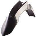 Black plastic front fender designed for Husqvarna TC85 models from 2018 to 2023, featuring a sleek aerodynamic shape and a glossy finish.