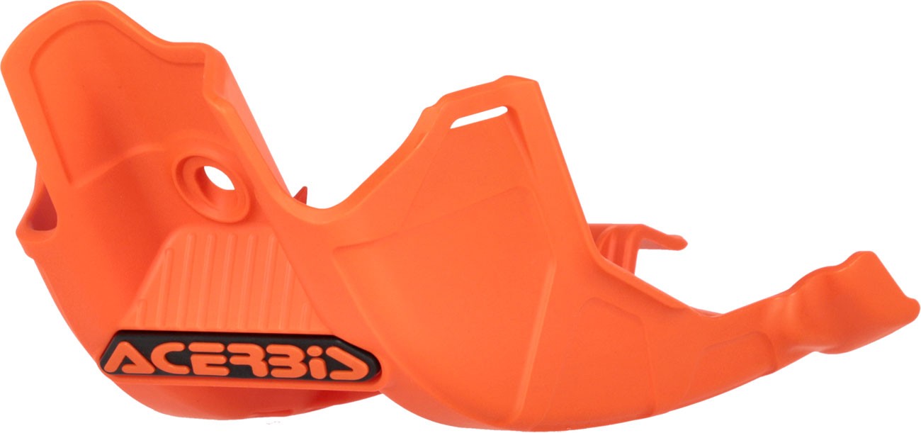 Bright orange plastic skid plate designed for KTM, Gas Gas, and Husqvarna 65ccm models, featuring a textured surface and the Acerbis logo prominently displayed.