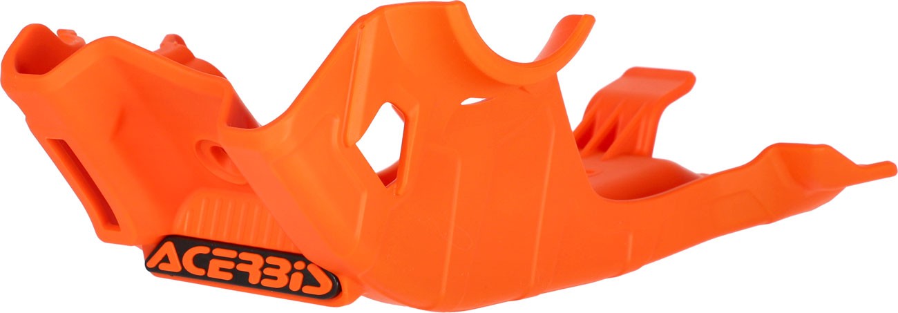 Bright orange plastic skid plate designed for KTM, Gas Gas, and Husqvarna 85ccm motorcycles, featuring a sleek design with the "Acerbis" logo prominently displayed.