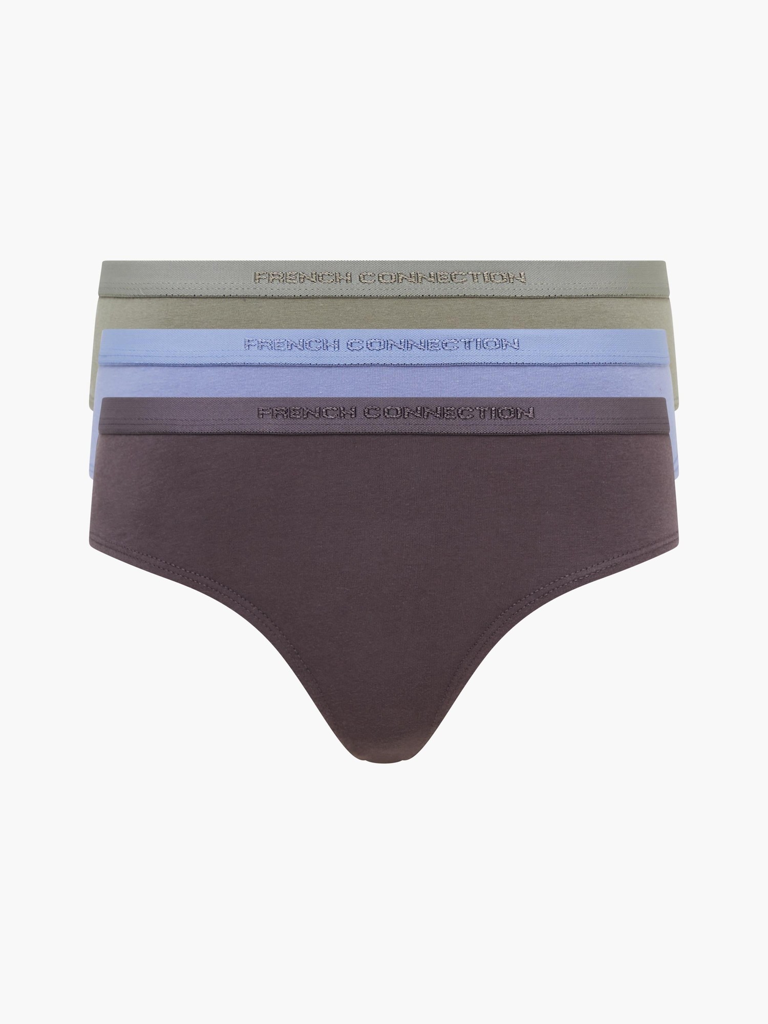 Three-pack of French Connection thongs in olive green, light blue, and dark brown, featuring a soft cotton blend and elastic waistband with logo detailing.