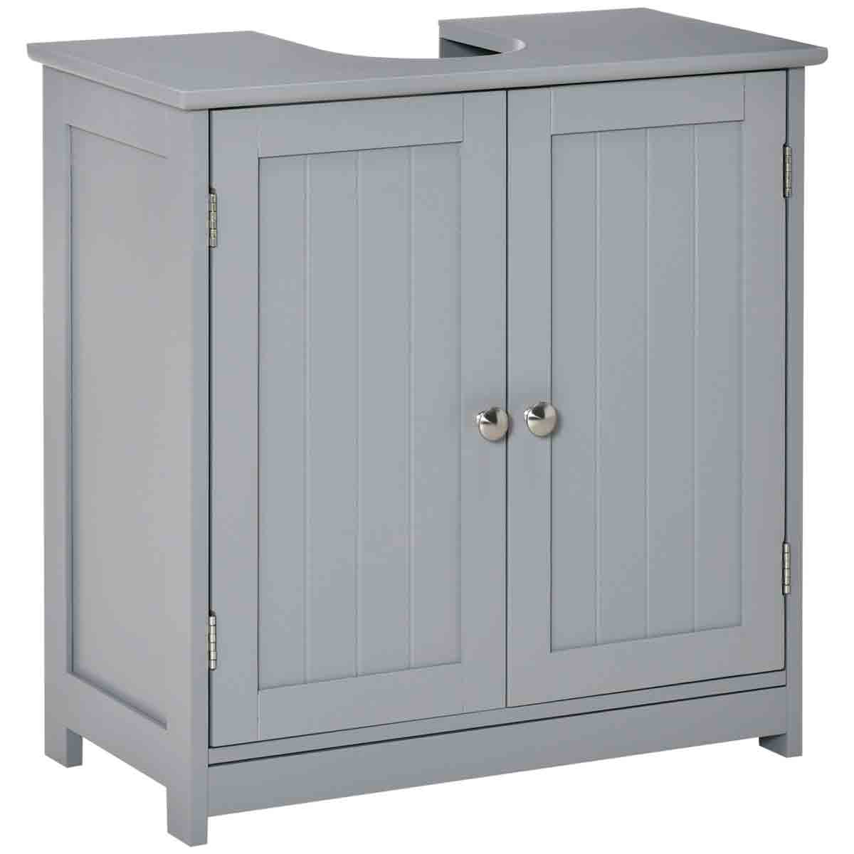 Gray wooden bathroom vanity with a curved top cutout, featuring two paneled doors and silver knobs, offering a modern and functional design.