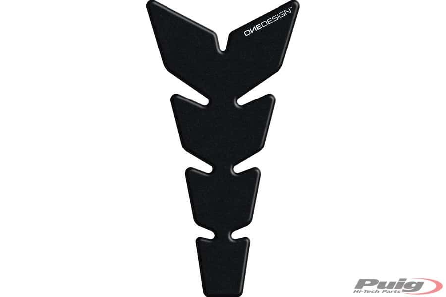 Black Puig Soft Touch Leather Effect Tank Pad featuring a sleek, angular design with four distinct sections, specifically designed for KTM 1050 Adventure models from 2015-2016.