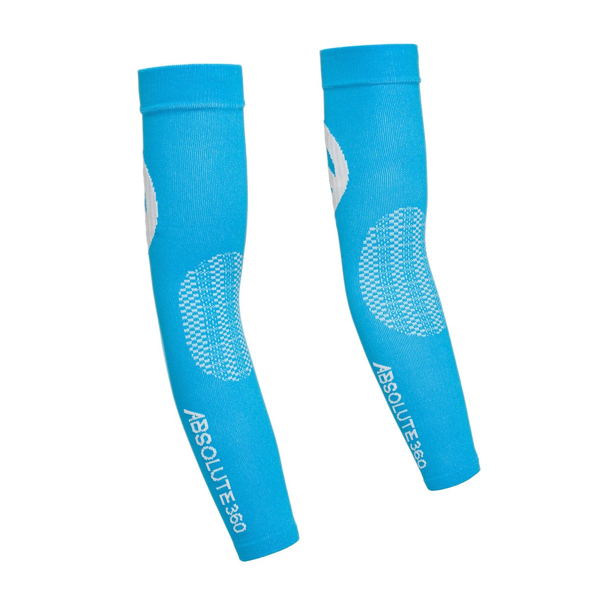 Turquoise arm sleeves made from stretchy material, featuring a textured pattern and the logo "ABSOLUTE360" printed in white along the side. Size: Small.
