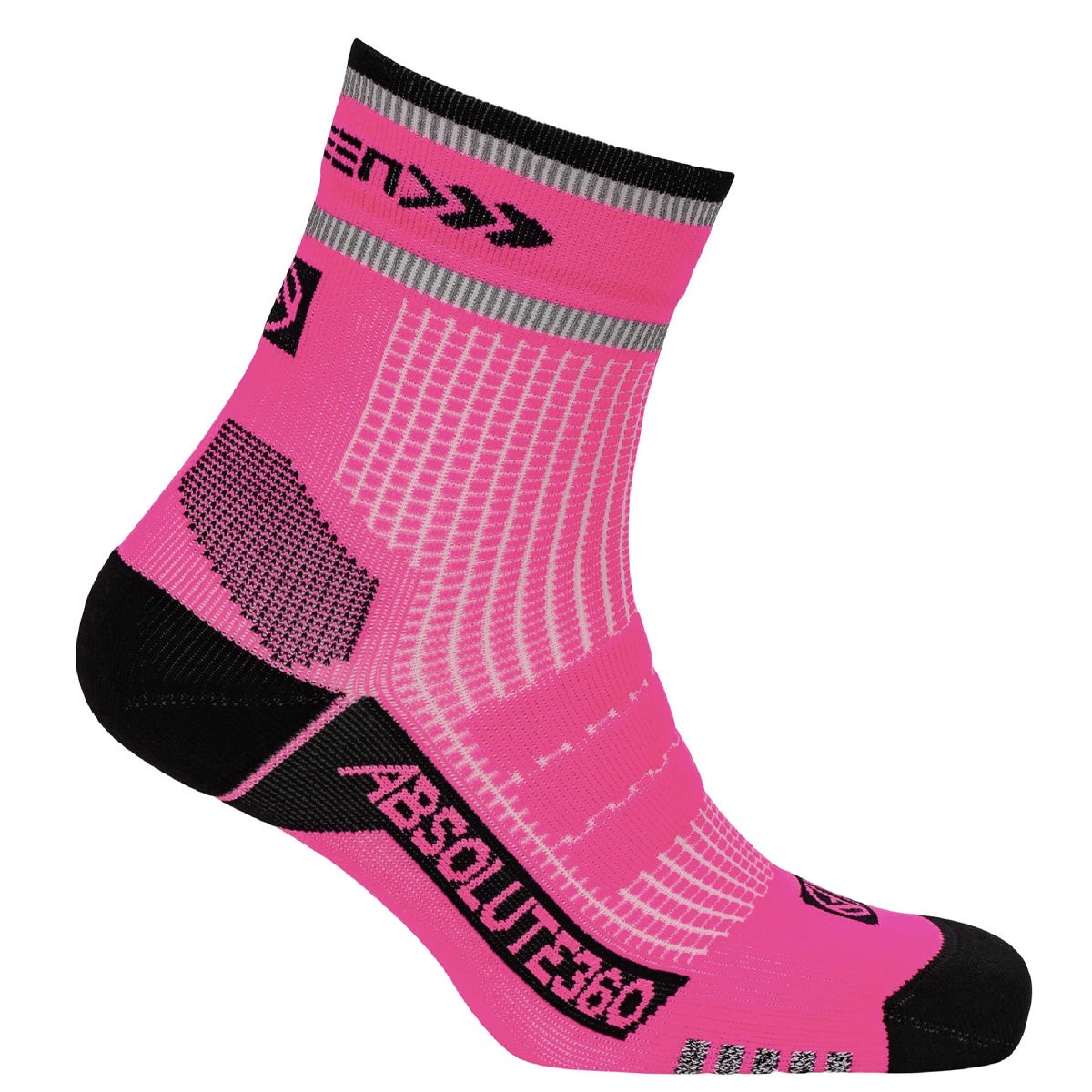 Neon pink quarter-length running socks with a breathable mesh design, reinforced heel and toe, and black accents featuring the Absolute360 logo.