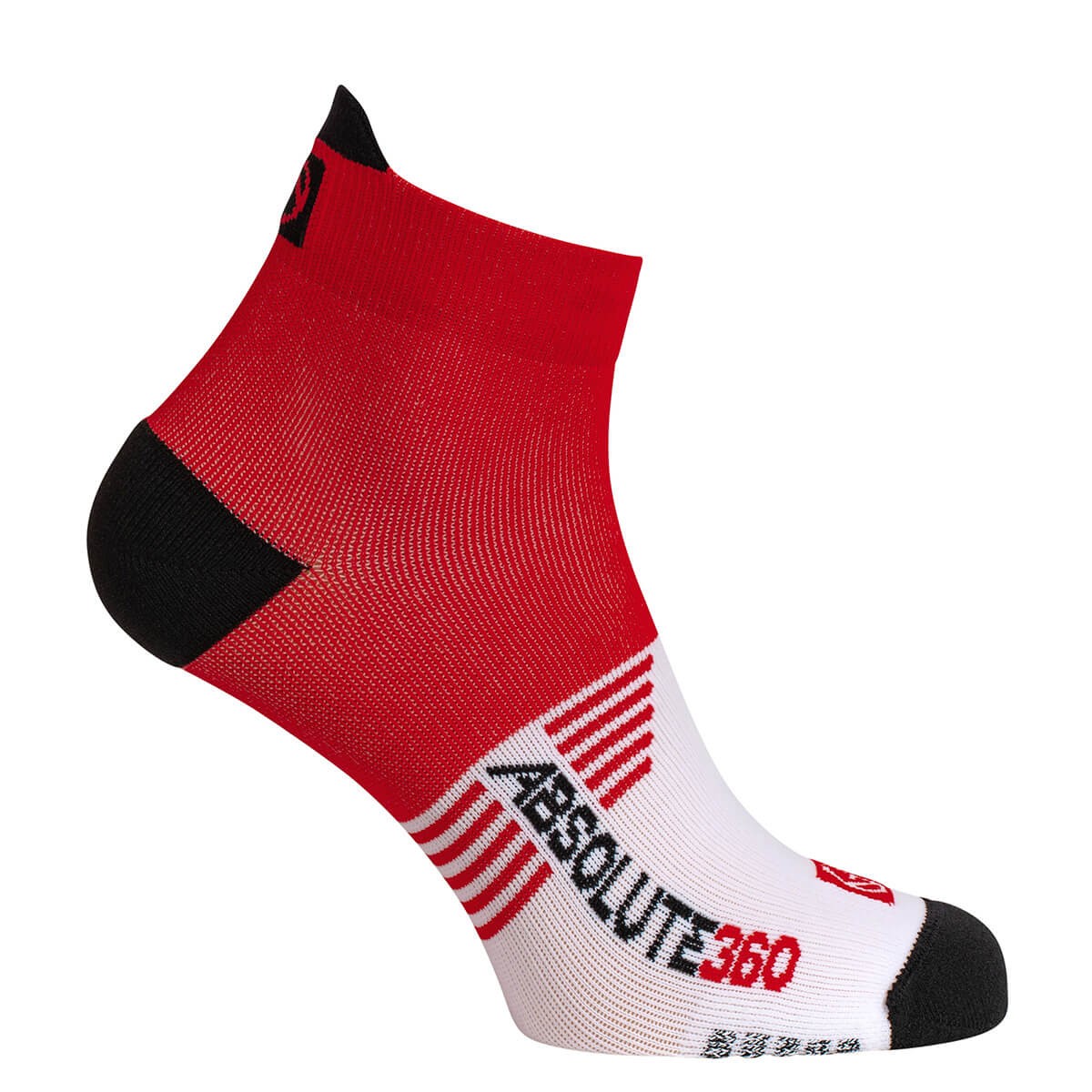 Red and white ankle running socks with black accents, featuring the Absolute360 logo, designed for performance with a snug fit and moisture-wicking material.