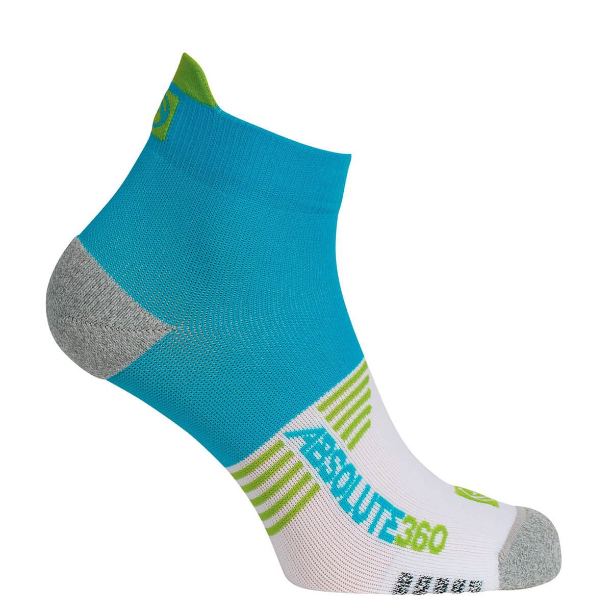 Turquoise and lime ankle running socks with a cushioned grey heel, featuring the Absolute360 logo and striped design for enhanced performance.