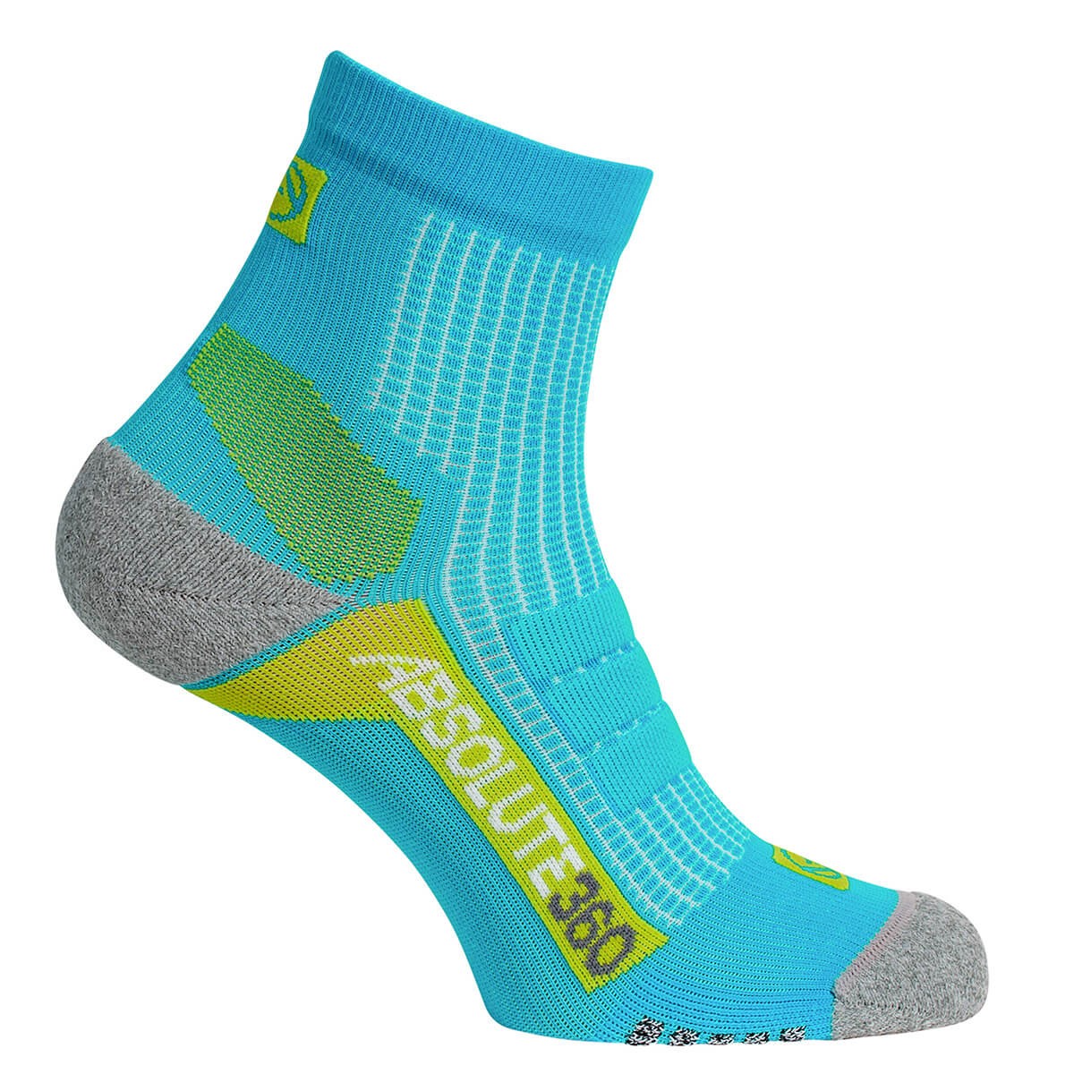 Turquoise and lime quarter-length running socks with grey accents, featuring breathable mesh panels and a cushioned sole for enhanced performance.