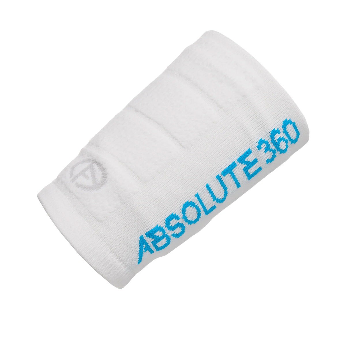 White wristband made of soft fabric, featuring a textured design and the "ABSOLUTE 360" logo in blue, with a small pocket for storing essentials.