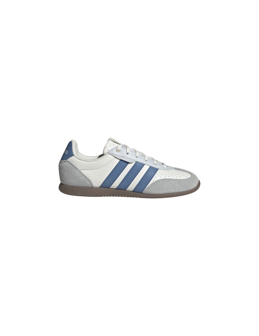 White leather trainers with blue stripes, grey suede accents, and a rubber sole, featuring a classic low-top design and lace-up closure.