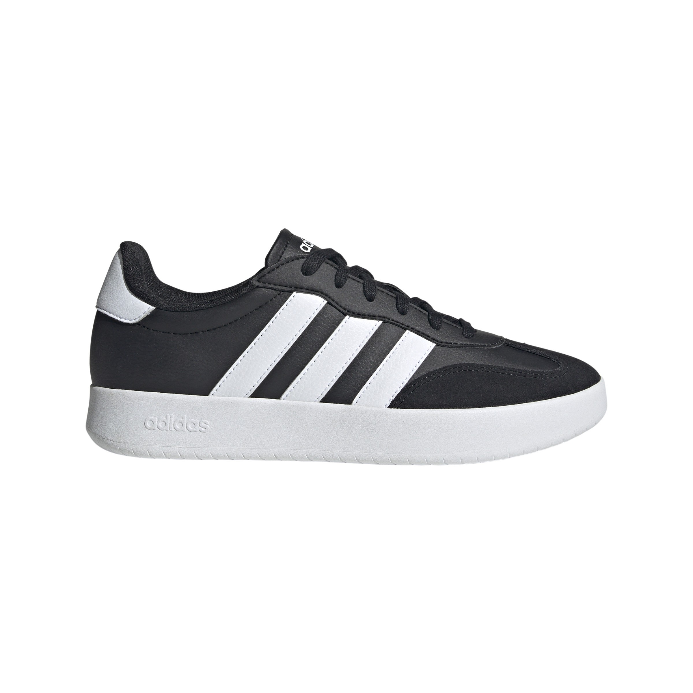 Black and white Adidas Barreda trainers featuring a sleek design, smooth synthetic upper, three signature stripes, and a white rubber sole.
