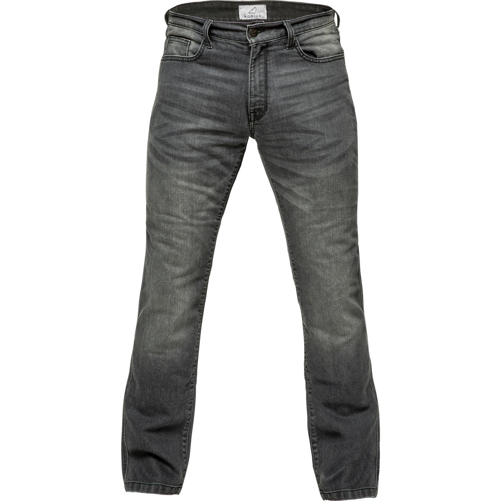 Dark grey straight leg motorcycle jeans made from durable material, featuring a classic five-pocket design and subtle fading for a rugged look. Size 36, long leg.