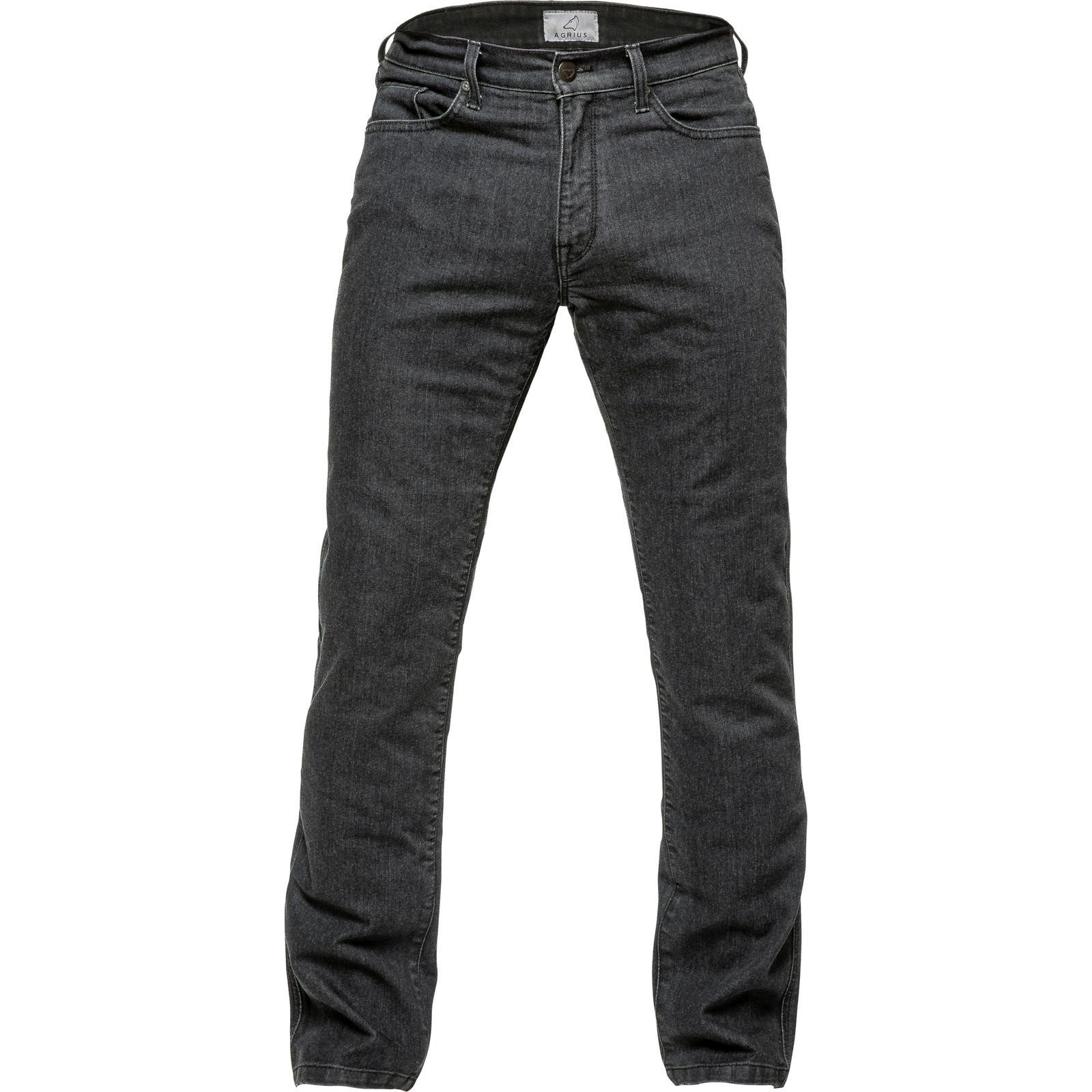 Black straight leg motorcycle jeans made from durable denim, featuring a classic five-pocket design and reinforced stitching for added protection, size 40 with a short leg fit.