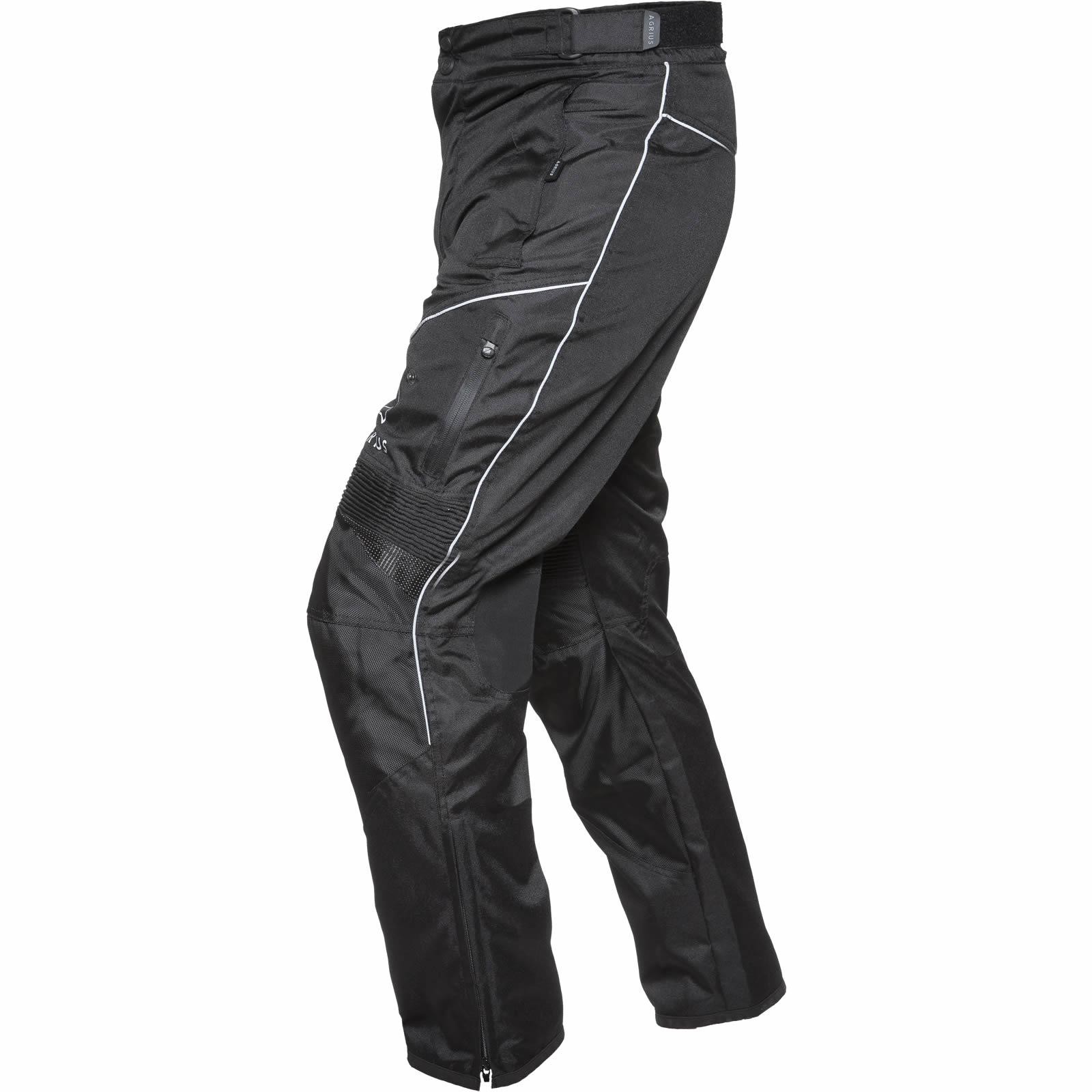 Black motorcycle trousers in size L (UK 12) featuring a durable material, white piping, adjustable waist, and zippered vents for enhanced airflow.